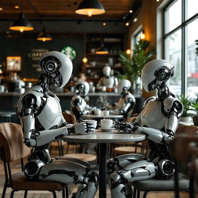 The primary subject of the image is a robot sitting at a table in a coffee shop. The setting is a coffee shop with a dining table, chairs, and various cups and bowls placed on the table. The visual style is a combination of photo and digital art, creating a unique and futuristic atmosphere. The colors and mood of the image are predominantly silver and black, giving it a sleek and modern appearance.